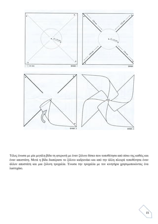 15
Τέλος ένωσα με μία μεγάλη βίδα τη φτερωτή με έναν ξύλινο δίσκο που τοποθέτησα από πίσω της καθώς και
έναν αποστάτη. Μετά η βίδα διαπέρασε το ξύλινο καδρονάκι και από την άλλη πλευρά τοποθέτησα έναν
άλλον αποστάτη και μια ξύλινη τροχαλία. Ένωσα την τροχαλία με τον κινητήρα χρησιμοποιώντας ένα
λαστιχάκι.
 