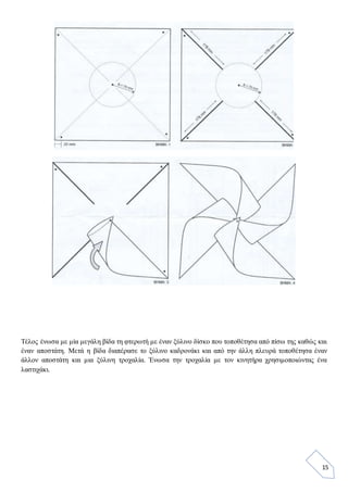 15
Τέλος ένωσα με μία μεγάλη βίδα τη φτερωτή με έναν ξύλινο δίσκο που τοποθέτησα από πίσω της καθώς και
έναν αποστάτη. Μετά η βίδα διαπέρασε το ξύλινο καδρονάκι και από την άλλη πλευρά τοποθέτησα έναν
άλλον αποστάτη και μια ξύλινη τροχαλία. Ένωσα την τροχαλία με τον κινητήρα χρησιμοποιώντας ένα
λαστιχάκι.
 