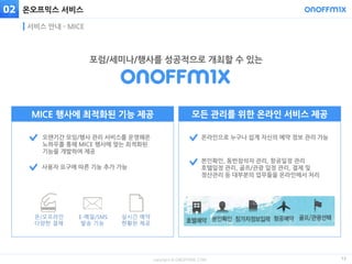 copyright © ONOFFMIX.COM
온오프믹스 서비스
서비스 안내 - MICE
02
MICE 행사에 최적화된 기능 제공 모든 관리를 위한 온라인 서비스 제공
12
포럼/세미나/행사를 성공적으로 개최할 수 있는
실시간 예약
현황판 제공
온/오프라인
다양한 결제
E-메일/SMS
발송 기능
오랜기간 모임/행사 관리 서비스를 운영해온
노하우를 통해 MICE 행사에 맞는 최적화된
기능을 개발하여 제공
사용자 요구에 따른 기능 추가 가능
온라인으로 누구나 쉽게 자신의 예약 정보 관리 가능
본인확인, 동반참석자 관리, 항공일정 관리
호텔일정 관리, 골프/관광 일정 관리, 결제 및
정산관리 등 대부분의 업무들을 온라인에서 처리
 