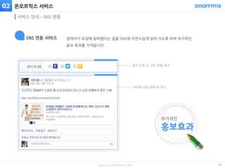 copyright © ONOFFMIX.COM
온오프믹스 서비스
18
서비스 안내 – SNS 연동
부가적인
홍보효과
02
참가 신청 시, SNS 연동 체크
SNS에 모임 참여 글 게시
참여자가 모임에 참여했다는 글을 SNS에 자연스럽게 알려 지도록 하여 부가적인
홍보 효과를 가져옵니다.
SNS 연동 서비스
 