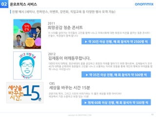 copyright © ONOFFMIX.COM
이 시대를 살아가는 우리들의 고민을 함께 나누고 미래사회에 대한 희망과 비전을 꿈꾸는 청춘 콘서트!
안철수, 박경철이 함께 합니다
2011
희망공감 청춘 콘서트
전문가와 학자, 그리고 시민이 이야기하는 더 좋은 세상을 위한 아이디어!
세상에서 가장 소중하고 보람 있는 15분
CBS
세상을 바꾸는 시간 15분
온오프믹스 서비스
진행 예시 (세미나, 컨퍼런스, 이벤트, 강연회, 직업교육 등 다양한 행사 모객 가능)
02
▶ 약 30건 이상 진행, 매 회 참석자 약 2500명 씩
▶ 현재 60회 이상 진행, 매 회 참석자 약 500명 씩
15
대한민국의 대학생, 청년세대의 꿈을 공감하고 희망찬 미래를 열어가기 위한 행사로써, 김제동씨가 전국
40개 대학을 순회하며 청춘들의 고민을 나누고 소통하는 자리로 웃음을 통해 개인의 행복과 어려움을 함
께 나누는 자리입니다.
2012
김재동이 어깨동무합니다.
▶ 약 35건 이상 진행, 매 회 참석자 약 500명 씩
 