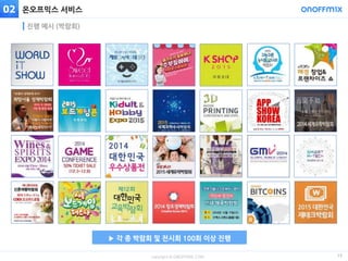 copyright © ONOFFMIX.COM
온오프믹스 서비스
진행 예시 (박람회)
02
▶ 각 종 박람회 및 전시회 100회 이상 진행
15
 