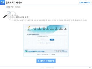 copyright © ONOFFMIX.COM
온오프믹스 서비스
24
진행 예시 (MICE)
2010년 부터 5년간 대한민국 최고의 경영자들이 참석하는 전경련 제주 하계 포럼의 참가자 등록 사이트 구현 사례
2010-2014
전경련 제주 하계 포럼
02
▶ 참석자 약 1000명
 