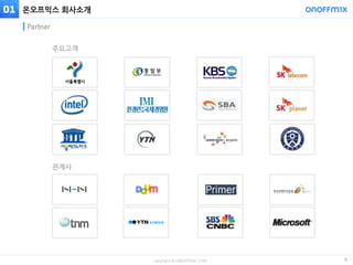 copyright © ONOFFMIX.COM
온오프믹스 회사소개
8
Partner
주요고객
관계사
01
 