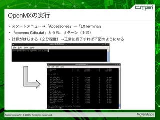 MateriApps,2013-2015. All rights reserved.
OpenMXの実行
•  スタートメニュー→「Accessories」→「LXTerminal」
•  「openmx Cdia.dat」とうち、リターン（上図）
•  計算がはじまる（２分程度）→正常に終了すれば下図のようになる
 
