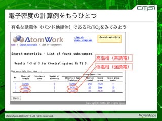 MateriApps,2013-2015. All rights reserved.

電子密度の計算例をもうひとつ
有名な誘電体（バンド絶縁体）であるPbTiO3をみてみよう
高温相（常誘電）
低温相（強誘電）
 