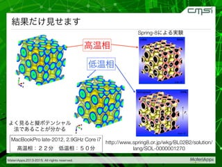 MateriApps,2013-2015. All rights reserved.

結果だけ見せます
http://www.spring8.or.jp/wkg/BL02B2/solution/
lang/SOL-0000001270
Spring-8による実験
MacBookPro late-2012, 2.9GHz Core i7
高温相：２２分 低温相：５０分
高温相
低温相
よく見ると擬ポテンシャル
法であることが分かる
 