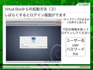 MateriApps,2013-2015. All rights reserved.
Virtual Boxからの起動方法（３）
しばらくするとログイン画面がでます
ホップアップが出るが
を押すと消える
ユーザー名
user
パスワード
live
下記の情報を使って
ログインしてください
 