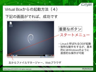 MateriApps,2013-2015. All rights reserved.
Virtual Boxからの起動方法（４）
下記の画面がでれば、成功です
重要なボタン
スタートメニュー
左からファイルマネージャー、Webブラウザ
・Linuxと呼ばれるOSが起動
・独特な動作をするが、基本
 的にはWindowsのように
 直感的な操作が可能
 