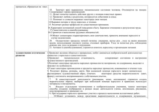 прощаться, обращаться на «вы».
10. Замечает ярко выраженное эмоциональное состояние человека. Откликается на эмоции.
Сопереживает героям произведений.
11. Делает попытки оценить действия других с позиции известных правил.
12. Проявляет любовь к родителям, интересуется событиями в семье.
13. Понимает и словесно выражает некоторые свои эмоции.
14.Выражен интерес к труду взрослых, к технике.
15. Различает разные профессии по существенным признакам.
16.Характерен осознанный способ поведения в быту. Бережное отношение к результатам труда.
17.Самостоятелен в самообслуживании.
18.Стремится к выполнения трудовых обязанностей.
19.Может элементарно охарактеризовать свое самочувствие, привлечь внимание взрослого в
случае недомогания.
20. Осуществляет процессы личной гигиены: умывание, мытье рук , уход за своим внешним
видом, использование носового платка, столовых приборов. Уход за полостью рта, соблюдение
режима дня, уход за вещами и игрушками.
21. Активен в самообслуживании, стремится помогать взрослому в организации питания.
художественно-эстетическое 1.Проявляет желание общаться с прекрасным, любит заниматься изобразительной деятельностью
развитие совместно с взрослым и самостоятельно.
2.Проявляет эмоциональную отзывчивость, сопереживает состоянию и настроению
художественного произведения.
3.Различает некоторые предметы народных промыслов по материалам, по содержанию, выделяет и
поясняет их особенности.
4.Узнает некоторые произведения и предметы народных промыслов, осваиваемые в течение года.
5. Различает формы, размеры, цвета. При косвенной помощи взрослого может внимательно
рассматривать художественный образ, отмечать некоторые средства выразительности (цвет,
форму), соотносить воспринимаемое с собственным опытом..
7. В самостоятельной деятельности (рисовании, лепке, аппликации) стремится создать
выразительные образы; выбирает при небольшой помощи взрослого и правильно использует
материалы и инструменты.
8. Владеет отдельными техническими и изобразительными умениями, освоил некоторые
способы создания изображения в разных видах деятельности (лепке, аппликации, рисовании,
конструировании) и применяет их.
9. При поддержке взрослого принимает участие в процессе выполнения коллективных работ.
10.Может установить между средствами выразительности и содержанием музыкально-
 
