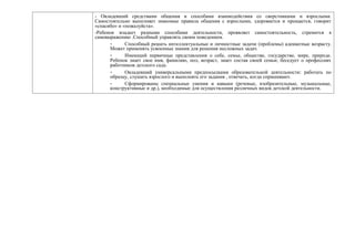 - Овладевший средствами общения и способами взаимодействия со сверстниками и взрослыми.
Самостоятельно выполняет знакомые правила общения с взрослыми, здоровается и прощается, говорит
«спасибо» и «пожалуйста».
-Ребенок владеет разными способами деятельности, проявляет самостоятельность, стремится к
самовыражению .Способный управлять своим поведением.
- Способный решать интеллектуальные и личностные задачи (проблемы) адекватные возрасту.
Может применять усвоенные знания для решения несложных задач.
- Имеющий первичные представления о себе, семье, обществе, государстве, мире, природе.
Ребенок знает свое имя, фамилию, пол, возраст, знает состав своей семьи; беседует о профессиях
работников детского сада.
- Овладевший универсальными предпосылками образовательной деятельности: работать по
образцу, слушать взрослого и выполнять его задания , отвечать, когда спрашивают.
- Сформированы специальные умения и навыки (речевые, изобразительные, музыкальные,
конструктивные и др.), необходимые для осуществления различных видов детской деятельности.
 