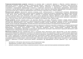 Социально-коммуникативное развитие направлено на усвоение норм и ценностей, принятых в обществе, включая моральные и
нравственные ценности; развитие общения и взаимодействия ребенка с взрослыми и сверстниками; становление самостоятельности,
целенаправленности и саморегуляции собственных действий; развитие социального и эмоционального интеллекта, эмоциональной
отзывчивости, сопереживания, формирование готовности к совместной деятельности со сверстниками, формирование уважительного
отношения и чувства принадлежности к своей семье и к сообществу детей и взрослых в Организации; формирование позитивных установок
к различным видам труда и творчества; формирование основ безопасного поведения в быту, социуме, природе.
Познавательное развитие предполагает развитие интересов детей, любознательности и познавательной мотивации; формирование
познавательных действий, становление сознания; развитие воображения и творческой активности; формирование первичных представлений
о себе, других людях, объектах окружающего мира, о свойствах и отношениях объектов окружающего мира (форме, цвете, размере,
материале, звучании, ритме, темпе, количестве, числе, части и целом, пространстве и времени, движении и покое, причинах и следствиях и
др.), о малой родине и Отечестве, представлений о социокультурных ценностях нашего народа, об отечественных традициях и праздниках, о
планете Земля как общем доме людей, об особенностях ее природы, многообразии стран и народов мира.
Речевое развитие включает владение речью, как средством общения и культуры; обогащение активного словаря; развитие связной,
грамматически правильной диалогической и монологической речи; развитие речевого творчества; развитие звуковой и интонационной
культуры речи, фонематического слуха; знакомство с книжной культурой, детской литературой, понимание на слух текстов различных
жанров детской литературы; формирование звуковой аналитико-синтетической активности как предпосылки обучения грамоте.
Художественно-эстетическое развитие предполагает развитие предпосылок ценностно-смыслового восприятия и понимания произведений
искусства (словесного, музыкального, изобразительного), мира природы; становление эстетического отношения к окружающему миру;
формирование элементарных представлений о видах искусства; восприятие музыки, художественной литературы, фольклора;
стимулирование сопереживания персонажам художественных произведений; реализацию самостоятельной творческой деятельности детей
(изобразительной, конструктивно-модельной, музыкальной и др.).
Физическое развитие включает приобретение опыта в следующих видах деятельности детей: двигательной, в том числе связанной с
выполнением упражнений, направленных на развитие таких физических качеств, как координация и гибкость; способствующих правильному
формированию опорно-двигательной системы организма; развитию равновесия, координации движений, крупной и мелкой моторики обеих
рук, а также с правильным, не наносящим ущерба организму, выполнением основных движений (ходьба, бег, мягкие прыжки, повороты в
обе стороны), формирование начальных представлений о некоторых видах спорта, овладение подвижными играми с правилами; становление
целенаправленности и саморегуляции в двигательной сфере; становление ценностей здорового образа жизни, овладение его элементарными
нормами и правилами (в питании, двигательном режиме, закаливании, при формировании полезных привычек и др.). себя следующие
задачи:
- расширение и обогащение представления детей об окружающем мире;
- формирование способов и средств познавательной деятельности;
- развитие способности видеть общее в единичном явлении и находить самостоятельное решение возникающих проблем.
 