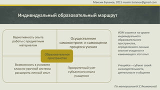 Осуществление
самоконтроля и самооценки
процесса учения
Образовательное
пространство
Индивидуальный образовательный маршрут
По материалам И.С.Якиманской
ИОМ строится на уровне
индивидуального
образовательного
пространства,
определяемого личным
опытом учащегося и
изменяющего этот опыт
Учащийся – субъект своей
жизнедеятельности,
деятельности и общения
Вариативность опыта
работы с предметным
материалом
Возможность в условиях
классно-урочной системы
расширить личный опыт
Приоритетный учет
субъектного опыта
учащегося
Максим Буланов, 2015 maxim.bulanov@gmail.com
 
