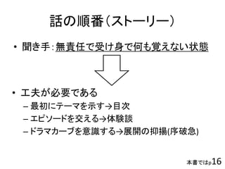 本書ではp16
話の順番（ストーリー）
• 聞き手：無責任で受け身で何も覚えない状態
• 工夫が必要である
– 最初にテーマを示す→目次
– エピソードを交える→体験談
– ドラマカーブを意識する→展開の抑揚(序破急)
 