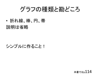 本書ではp114
グラフの種類と勘どころ
• 折れ線、棒、円、帯
説明は省略
シンプルに作ること！
 