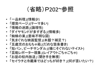 （省略）Ｐ202~参照
• 「一品料理」(情報少)
• 「煙突ページ」(テーマ多い)
• 「情報の迷路」(論理性)
• 「ダイヤモンドが多すぎる」(情報多)
• 「蜘蛛の巣」(意味不明な図)
• 「気まぐれな映画監督」(本題？補足？)
• 「五歳児のおもちゃ箱」(だめな箇条書き)
• 「短パン、ビーチサンダル」(場にそぐわないテイスト)
• 「芸能レポーター現象」(レイアウトごちゃごちゃ)
• 「お昼の校内放送」（聞き手を無視）
• 「セイウチと冷蔵庫ではどっちが好き？」(何が言いたい？)
 