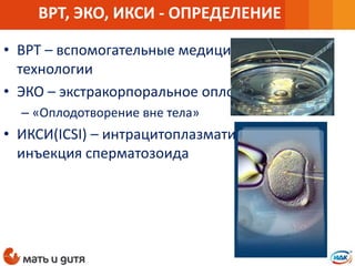 • ВРТ – вспомогательные медицинские
технологии
• ЭКО – экстракорпоральное оплодотворение
– «Оплодотворение вне тела»
• ИКСИ(ICSI) – интрацитоплазматическая
инъекция сперматозоида
ВРТ, ЭКО, ИКСИ - ОПРЕДЕЛЕНИЕ
14
 