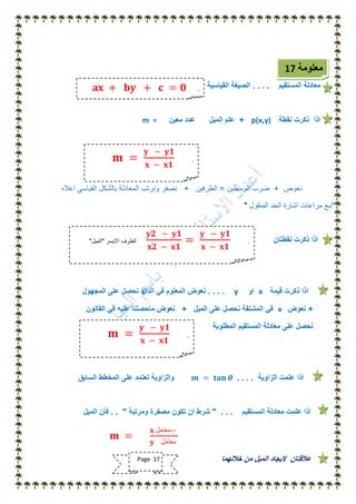 ‫المستقٌم‬ ‫معادلة‬. . . .‫القٌاسٌة‬ ‫الصٌغة‬
‫نقطة‬ ‫ذكرت‬ ‫اذا‬p(x,y)+‫معٌن‬ ‫عدد‬ ‫المٌل‬ ‫علم‬m =
‫نعوض‬+‫الوسطٌن‬ ‫ضرب‬=‫الطرفٌن‬+‫اعاله‬ ً‫القٌاس‬ ‫بالشكل‬ ‫المعادلة‬ ‫ونرتب‬ ‫نصفر‬
"‫المنقول‬ ‫الحد‬ ‫اشارة‬ ‫مراعات‬ ‫مع‬"
‫نقطتان‬ ‫ذكرت‬ ‫اذا‬
‫قٌمة‬ ‫ذكرت‬ ‫اذا‬x‫او‬y. . . .‫الدال‬ ً‫ف‬ ‫المعلوم‬ ‫نعوض‬‫ة‬‫المجهول‬ ‫على‬ ‫نحصل‬
+‫نعوض‬x‫المٌل‬ ‫على‬ ‫نحصل‬ ‫المشتقة‬ ً‫ف‬+‫القانون‬ ً‫ف‬ ‫علٌه‬ ‫ماحصلنا‬ ‫نعوض‬
‫المطلوبة‬ ‫المستقٌم‬ ‫معادلة‬ ‫على‬ ‫نحصل‬
‫الزاوٌة‬ ‫علمت‬ ‫اذا‬. . . .𝒎 = 𝐭𝐚𝐧 𝜽‫السابق‬ ‫المخطط‬ ‫على‬ ‫تعتمد‬ ‫والزاوٌة‬
‫المستقٌم‬ ‫معادلة‬ ‫علمت‬ ‫اذا‬" . . .‫ومرتبة‬ ‫مصفرة‬ ‫تكون‬ ‫ان‬ ‫شرط‬. . "‫المٌل‬ ‫فأن‬
𝐦 =
𝐱 ‫−معامل‬
𝐲 ‫معامل‬
‫خاللهما‬ ‫من‬ ‫المٌل‬ ‫الٌجاد‬ ‫عالقتان‬
‫معلومة‬17
.𝐚𝐱 + 𝐛𝐲 + 𝐜 = 𝟎
.𝐦 =
𝐲 − 𝐲𝟏
𝐱 − 𝐱𝟏
.
𝐲𝟐 − 𝐲𝟏
𝐱𝟐 − 𝐱𝟏
=
𝐲 − 𝐲𝟏
𝐱 − 𝐱𝟏
‫االٌسر‬ ‫الطرف‬"‫المٌل‬"
.𝐦 =
𝐲 − 𝐲𝟏
𝐱 − 𝐱𝟏
Page 17
 