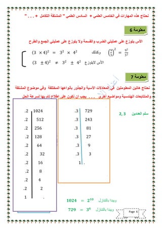ً‫العلم‬ ‫الخامس‬ ً‫ف‬ ‫المهارات‬ ‫هذه‬ ‫نحتاج‬+ً‫العلم‬ ‫السادس‬"‫التكامل‬ ‫المشتقة‬" . . . +
‫ٌتوز‬ ‫وال‬ ‫والقسمة‬ ‫الضرب‬ ً‫عملٌت‬ ‫على‬ ‫ٌتوزع‬ ‫األس‬‫ع‬‫والطرح‬ ‫الجمع‬ ً‫عملٌت‬ ‫على‬
3 × 4 2
= 32
× 42
‫وكذلك‬
9
3
2
=
92
32
‫الٌتوزع‬ ‫األس‬3 ± 4 2
≠ 32
± 42
‫المشتقة‬ ‫موضوع‬ ً‫وف‬ ‫المختلفة‬ ‫بأنواعها‬ ‫والجذور‬ ‫اآلسٌة‬ ‫المعادالت‬ ً‫ف‬ ‫المعلومتٌن‬ ‫هاتٌن‬ ‫نحتاج‬
‫أخرى‬ ‫ومواضٌع‬ ‫الهندسٌة‬ ‫والمتتابعات‬. . .‫الحل‬ ‫لسرعة‬ ‫بها‬ ‫تام‬ ‫اطالع‬ ‫على‬ ‫نكون‬ ‫ان‬ ‫ٌجب‬
‫العددٌن‬ ‫سلم‬2, 3
𝟏𝟎𝟐𝟒 = 𝟐 𝟏𝟎
‫بالتنازل‬ ‫وٌبدا‬
𝟕𝟐𝟗 = 𝟑 𝟔
‫بالتنازل‬ ‫وٌبدا‬
‫معلومة‬6
‫معلومة‬7
2 256
2 128
2 64
2 32
2 16
2 8
2 4
2 2
1
.
2 1024.
2 512.
.
3 729
3 243
3 81
3 27
3 9
3 3
1
.
.
Page 6
.
2 1024.
2 512.
2 256.
2 128.
2 64.
2 32.
2 16.
2 8.
2 4.
2 2.
1 .
.
.
.
.
.
3 729.
3 243.
3 81.
3 27.
3 9.
3 3.
1 .
.
.
.
.
.
.
.
.
.
.
 