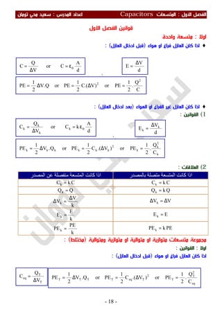 ‫اﻷول‬ ‫اﻟﻔﺼﻞ‬:‫اﻟﻤﺘﺴﻌ‬‫ﺎت‬Capacitors‫اﻟﻤﺪرس‬ ‫اﻋﺪاد‬:‫ﺗﻮﻣﺎن‬ ‫ﻣﺤﻲ‬ ‫ﺳﻌﻴﺪ‬
-18-
‫اﻻول‬ ‫اﻟﻔﺼﻞ‬ ‫ﻗﻮاﻧﻴﻦ‬
‫اوﻻ‬:‫واﺣﺪة‬ ‫ﻣﺘﺴﻌﺔ‬
♦‫ﻫﻮاء‬ ‫او‬ ‫ﻓﺮاغ‬ ‫اﻟﻌﺎزل‬ ‫ﻛﺎن‬ ‫اذا‬)‫اﻟﻌﺎزل‬ ‫ادﺧﺎل‬ ‫ﻗﺒﻞ‬(:
,
♦‫اﻟﻬﻮاء‬ ‫او‬ ‫اﻟﻔﺮاغ‬ ‫ﻏﻴﺮ‬ ‫اﻟﻌﺎزل‬ ‫ﻛﺎن‬ ‫اذا‬)‫اﻟﻌﺎزل‬ ‫ادﺧﺎل‬ ‫ﺑﻌﺪ‬(:
1(‫اﻟﻘﻮاﻧﻴﻦ‬:
,
2(‫اﻟﻌﻼﻗﺎت‬:
‫ﺑﺎﻟﻤﺼﺪر‬ ‫ﻣﺘﺼﻠﺔ‬ ‫اﻟﻤﺘﺴﻌﺔ‬ ‫ﻛﺎﻧﺖ‬ ‫اذا‬‫اﻟﻤﺼﺪر‬ ‫ﻋﻦ‬ ‫ﻣﻨﻔﺼﻠﺔ‬ ‫اﻟﻤﺘﺴﻌﺔ‬ ‫ﻛﺎﻧﺖ‬ ‫اذا‬
CkCk =CkCk =
QkQk =QQk =
VVk ∆=∆
k
V
Vk
∆
=∆
EEk =
k
E
Ek =
PEkPEk =
k
PE
PEk =
‫ﻣﺘﻮاﻟﻴﺔ‬ ‫او‬ ‫ﻣﺘﻮازﻳﺔ‬ ‫ﻣﺘﺴﻌﺎت‬ ‫ﻣﺠﻤﻮﻋﺔ‬‫وﻣﺘﻮاﻟﻴﺔ‬ ‫ﻣﺘﻮازﻳﺔ‬ ‫او‬)‫ﻣﺨﺘﻠﻂ‬(:
‫اوﻻ‬:‫اﻟﻘﻮاﻧﻴﻦ‬:
‫ﻛﺎن‬ ‫اذا‬‫ﻫﻮاء‬ ‫او‬ ‫ﻓﺮاغ‬ ‫اﻟﻌﺎزل‬)‫اﻟﻌﺎزل‬ ‫ادﺧﺎل‬ ‫ﻗﺒﻞ‬(:
eq
2
T
T
2
TeqTTTT
C
Q
.
2
1
PEor)V.(C
2
1
PEorQ.V
2
1
PE =∆=∆=
T
T
eq
V
Q
C
∆
=
k
2
k
k
2
kkkkkk
C
Q
.
2
1
PEor)V.(C
2
1
PEorQ.V
2
1
PE =∆=∆=
d
V
E k
k
∆
=d
A
kCor
V
Q
C k
k
k
k οε=
∆
=
C
Q
.
2
1
PEor)V.(C
2
1
PEorQ.V
2
1
PE
2
2
=∆=∆=
d
V
E
∆
=
d
A
Cor
V
Q
C οε=
∆
=
 