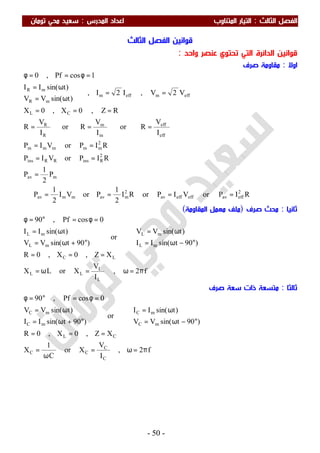 ‫اﻟ‬ ‫اﻟﻔﺼﻞ‬‫ﺜﺎﻟﺚ‬:‫اﻟﻤﺪرس‬ ‫اﻋﺪاد‬ ‫اﻟﻤﺘﻨﺎوب‬ ‫اﻟﺘﻴﺎر‬:‫ﺗﻮﻣﺎن‬ ‫ﻣﺤﻲ‬ ‫ﺳﻌﻴﺪ‬
-50-
‫اﻟﺜﺎﻟﺚ‬ ‫اﻟﻔﺼﻞ‬ ‫ﻗﻮاﻧﻴﻦ‬
‫واﺣﺪ‬ ‫ﻋﻨﺼﺮ‬ ‫ﺗﺤﺘﻮي‬ ‫اﻟﺘﻲ‬ ‫اﻟﺪاﺋﺮة‬ ‫ﻗﻮاﻧﻴﻦ‬:
‫اوﻻ‬:‫ﺻﺮف‬ ‫ﻣﻘﺎوﻣﺔ‬
RIPorVIPorRI
2
1
PorVI
2
1
P
P
2
1
P
RIPorVIP
RIPorVIP
I
V
Ror
I
V
Ror
I
V
R
RZ,0X,0X
V2V,I2I,
)tsin(VV
)tsin(II
1cosPf,0
2
effaveffeffav
2
mavmmav
mav
2
RinsRRins
2
mmmmm
eff
eff
m
m
R
R
CL
effmeffm
mR
mR
====∴
=
==
==
===
===
==


ω=
ω=
=φ==φ
‫ﺛﺎﻧﻴﺎ‬:‫ﺻﺮف‬ ‫ﻣﺤﺚ‬)‫اﻟﻤﻘﺎوﻣﺔ‬ ‫ﻣﻬﻤﻞ‬ ‫ﻣﻠﻒ‬(
f2,
I
V
XorLX
XZ,0X,0R
)90tsin(II
)tsin(VV
or
)90tsin(VV
)tsin(II
0cosPf,90
L
L
LL
LC
mL
mL
mL
mL
π=ω=ω=
===



°−ω=
ω=



°+ω=
ω=
=φ=°=φ
‫ﺛﺎﻟﺜﺎ‬:‫ﺻﺮ‬ ‫ﺳﻌﺔ‬ ‫ذات‬ ‫ﻣﺘﺴﻌﺔ‬‫ف‬
f2,
I
V
Xor
C
1
X
XZ,0X,0R
)90tsin(VV
)tsin(II
or
)90tsin(II
)tsin(VV
0cosPf,90
C
C
CC
CL
mC
mC
mC
mC
π=ω=
ω
=
===



°−ω=
ω=



°+ω=
ω=
=φ=°=φ
 