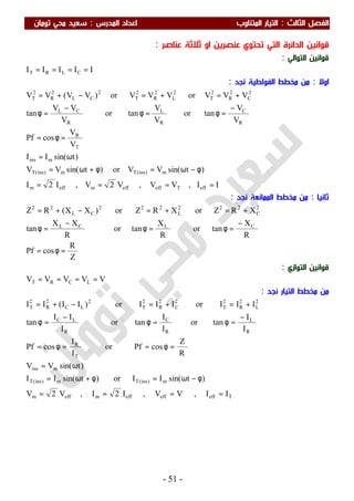 ‫اﻟ‬ ‫اﻟﻔﺼﻞ‬‫ﺜﺎﻟﺚ‬:‫اﻟﻤﺪرس‬ ‫اﻋﺪاد‬ ‫اﻟﻤﺘﻨﺎوب‬ ‫اﻟﺘﻴﺎر‬:‫ﺗﻮﻣﺎن‬ ‫ﻣﺤﻲ‬ ‫ﺳﻌﻴﺪ‬
-51-
‫ﻋﻨﺎﺻﺮ‬ ‫ﺛﻼﺛﺔ‬ ‫او‬ ‫ﻋﻨﺼﺮﻳﻦ‬ ‫ﺗﺤﺘﻮي‬ ‫اﻟﺘﻲ‬ ‫اﻟﺪاﺋﺮة‬ ‫ﻗﻮاﻧﻴﻦ‬:
‫اﻟﺘﻮاﻟﻲ‬ ‫ﻗﻮاﻧﻴﻦ‬:
IIIII CLRT ====
‫اوﻻ‬:‫ﻧﺠﺪ‬ ‫اﻟﻔﻮﻟﻄﻴﺔ‬ ‫ﻣﺨﻄﻂ‬ ‫ﻣﻦ‬:
II,VV,V2V,I2I
)tsin(VVor)tsin(VV
)tsin(II
V
V
cosPf
V
V
tanor
V
V
tanor
V
VV
tan
VVVorVVVor)VV(VV
effTeffeffmeffm
m)ins(Tm)ins(T
mins
T
R
R
C
R
L
R
CL
2
C
2
R
2
T
2
L
2
R
2
T
2
CL
2
R
2
T
====
φ−ω=φ+ω=
ω=
=φ=
−
=φ=φ
−
=φ
+=+=−+=
‫ﺛﺎﻧﻴﺎ‬:‫ﻧﺠﺪ‬ ‫اﻟﻤﻤﺎﻧﻌﺔ‬ ‫ﻣﺨﻄﻂ‬ ‫ﻣﻦ‬:
Z
R
cosPf
R
X
tanor
R
X
tanor
R
XX
tan
XRZorXRZor)XX(RZ
CLCL
2
C
222
L
222
CL
22
=φ=
−
=φ=φ
−
=φ
+=+=−+=
‫اﻟﺘﻮازي‬ ‫ﻗﻮاﻧﻴﻦ‬:
VVVVV LCRT ====
‫ﻣﺨ‬ ‫ﻣﻦ‬‫ﻧﺠﺪ‬ ‫اﻟﺘﻴﺎر‬ ‫ﻄﻂ‬:
Teffeffeffmeffm
m)ins(Tm)ins(T
mins
T
R
R
L
R
C
R
LC
2
L
2
R
2
T
2
C
2
R
2
T
2
LC
2
R
2
T
II,VV,I2I,V2V
)tsin(IIor)tsin(II
)tsin(VV
R
Z
cosPfor
I
I
cosPf
I
I
tanor
I
I
tanor
I
II
tan
IIIorIIIor)II(II
====
φ−ω=φ+ω=
ω=
=φ==φ=
−
=φ=φ
−
=φ
+=+=−+=
 