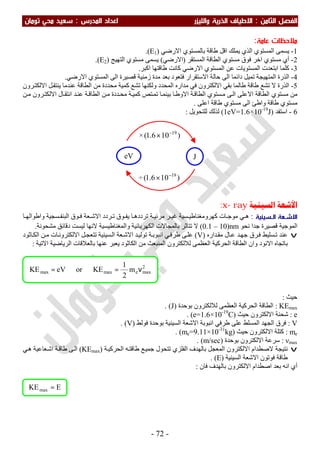 ‫اﻟ‬ ‫اﻟﻔﺼﻞ‬‫ﺜﺎ‬‫ﻣﻦ‬:‫اﻻ‬‫واﻟﻠﻴﺰر‬ ‫اﻟﺬرﻳﺔ‬ ‫ﻃﻴﺎف‬‫اﻟﻤﺪرس‬ ‫اﻋﺪاد‬:‫ﺗﻮﻣﺎن‬ ‫ﻣﺤﻲ‬ ‫ﺳﻌﻴﺪ‬
-72-
‫ﻋﺎﻣﺔ‬ ‫ﻣﻼﺣﻈﺎت‬:
1-‫اﻻرﺿﻲ‬ ‫ﺑﺎﻟﻤﺴﺘﻮي‬ ‫طﺎﻗﺔ‬ ‫اﻗﻞ‬ ‫ﯾﻤﻠﻚ‬ ‫اﻟﺬي‬ ‫اﻟﻤﺴﺘﻮي‬ ‫ﯾﺴﻤﻰ‬)E1.(
2-‫اﻟﻤﺴﺘﻘﺮ‬ ‫اﻟﻄﺎﻗﺔ‬ ‫ﻣﺴﺘﻮي‬ ‫ﻓﻮق‬ ‫اﺧﺮ‬ ‫ﻣﺴﺘﻮي‬ ‫أي‬)‫اﻻرﺿﻲ‬(‫اﻟﺘﮭﯿﺞ‬ ‫ﻣﺴﺘﻮي‬ ‫ﯾﺴﻤﻰ‬)E2.(
3-‫اﻛﺒﺮ‬ ‫طﺎﻗﺘﮭﺎ‬ ‫ﻛﺎﻧﺖ‬ ‫اﻻرﺿﻲ‬ ‫اﻟﻤﺴﺘﻮي‬ ‫ﻋﻦ‬ ‫اﻟﻤﺴﺘﻮﯾﺎت‬ ‫اﺑﺘﻌﺪت‬ ‫ﻛﻠﻤﺎ‬.
4-‫اﻻ‬ ‫ﺣﺎﻟﺔ‬ ‫اﻟﻰ‬ ‫داﺋﻤﺎ‬ ‫ﺗﻤﯿﻞ‬ ‫اﻟﻤﺘﮭﯿﺠﺔ‬ ‫اﻟﺬرة‬‫ﻗﺼﯿﺮة‬ ‫زﻣﻨﯿﺔ‬ ‫ﻣﺪة‬ ‫ﺑﻌﺪ‬ ‫ﻓﺘﻌﻮد‬ ‫ﺳﺘﻘﺮار‬‫اﻻرﺿﻲ‬ ‫اﻟﻤﺴﺘﻮي‬ ‫اﻟﻰ‬.
5-‫طﺎﻟ‬ ‫طﺎﻗﺔ‬ ‫ﺗﺸﻊ‬ ‫ﻻ‬ ‫اﻟﺬرة‬‫ﺮون‬‫اﻻﻟﻜﺘ‬ ‫ﻞ‬‫ﯾﻨﺘﻘ‬ ‫ﻋﻨﺪﻣﺎ‬ ‫اﻟﻄﺎﻗﺔ‬ ‫ﻣﻦ‬ ‫ﻣﺤﺪدة‬ ‫ﻛﻤﯿﺔ‬ ‫ﺗﺸﻊ‬ ‫وﻟﻜﻨﮭﺎ‬ ‫اﻟﻤﺤﺪد‬ ‫ﻣﺪاره‬ ‫ﻓﻲ‬ ‫اﻻﻟﻜﺘﺮون‬ ‫ﺑﻘﻲ‬ ‫ﻤﺎ‬
‫ﻦ‬‫ﻣ‬ ‫ﺮون‬‫اﻻﻟﻜﺘ‬ ‫ﺎل‬‫اﻧﺘﻘ‬ ‫ﺪ‬‫ﻋﻨ‬ ‫ﺔ‬‫اﻟﻄﺎﻗ‬ ‫ﻦ‬‫ﻣ‬ ‫ﺪدة‬‫ﻣﺤ‬ ‫ﺔ‬‫ﻛﻤﯿ‬ ‫ﺘﺺ‬‫ﺗﻤ‬ ‫ﺎ‬‫ﺑﯿﻨﻤ‬ ‫ﺎ‬‫اﻻوط‬ ‫ﺔ‬‫اﻟﻄﺎﻗ‬ ‫ﺴﺘﻮي‬‫ﻣ‬ ‫ﻰ‬‫اﻟ‬ ‫اﻻﻋﻠﻰ‬ ‫اﻟﻄﺎﻗﺔ‬ ‫ﻣﺴﺘﻮي‬ ‫ﻣﻦ‬
‫اﻋﻠﻰ‬ ‫طﺎﻗﺔ‬ ‫ﻣﺴﺘﻮي‬ ‫اﻟﻰ‬ ‫واطﺊ‬ ‫طﺎﻗﺔ‬ ‫ﻣﺴﺘﻮي‬.
6-‫اﺳﺘﻔﺪ‬)1eV=1.6×10-19
J(‫ﻟ‬‫ﻟﻠﺘﺤﻮﯾﻞ‬ ‫ﺬﻟﻚ‬:
‫ﺍﻷﺷﻌﺔ‬‫ﺍﻟﺴﻴﻨﻴﺔ‬x- ray:
‫ـﺴﻴﻨﻴﺔ‬‫ـ‬‫اﻟ‬ ‫ـﻌﺔ‬‫ـ‬‫اﻻﺷ‬:‫ﺎ‬ ‫واطﻮاﻟﮭ‬ ‫ﺴﺠﯿﺔ‬ ‫اﻟﺒﻨﻔ‬ ‫ﻮق‬ ‫ﻓ‬ ‫ﻌﺔ‬ ‫اﻻﺷ‬ ‫ﺮدد‬ ‫ﺗ‬ ‫ﻮق‬ ‫ﯾﻔ‬ ‫ﺎ‬ ‫ﺗﺮددھ‬ ‫ﺔ‬ ‫ﻣﺮﺋﯿ‬ ‫ﺮ‬ ‫ﻏﯿ‬ ‫ﺴﯿﺔ‬ ‫ﻛﮭﺮوﻣﻐﻨﺎطﯿ‬ ‫ﺎت‬ ‫ﻣﻮﺟ‬ ‫ﻲ‬ ‫ھ‬
‫ﻧﺤﻮ‬ ‫ﺟﺪا‬ ‫ﻗﺼﯿﺮة‬ ‫اﻟﻤﻮﺟﯿﺔ‬(0.1 – 10)nm‫ﺑﺎﻟﻤﺠﺎ‬ ‫ﺗﺘﺎﺛﺮ‬ ‫ﻻ‬‫دﻗﺎﺋ‬ ‫ﻟﯿﺴﺖ‬ ‫ﻻﻧﮭﺎ‬ ‫واﻟﻤﻐﻨﺎطﯿﺴﯿﺔ‬ ‫اﻟﻜﮭﺮﺑﺎﺋﯿﺔ‬ ‫ﻻت‬‫ﻣﺸﺤﻮﻧﺔ‬ ‫ﻖ‬.
v‫ﺮق‬‫ﻓ‬ ‫ﺴﻠﯿﻂ‬‫ﺗ‬ ‫ﻋﻨﺪ‬‫ﺪ‬‫ﺟﮭ‬‫ﺪاره‬‫ﻣﻘ‬ ‫ﺎل‬‫ﻋ‬)V(‫ﺎﺛﻮد‬‫اﻟﻜ‬ ‫ﻦ‬‫ﻣ‬ ‫ﺎت‬‫اﻻﻟﻜﺘﺮوﻧ‬ ‫ﻞ‬‫ﺗﺘﻌﺠ‬ ‫ﺴﯿﻨﯿﺔ‬‫اﻟ‬ ‫ﻌﺔ‬‫اﻻﺷ‬ ‫ﺪ‬‫ﺗﻮﻟﯿ‬ ‫ﺔ‬‫اﻧﺒﻮﺑ‬ ‫ﻲ‬‫طﺮﻓ‬ ‫ﻰ‬‫ﻋﻠ‬
‫اﻻﻧﻮد‬ ‫ﺑﺎﺗﺠﺎه‬‫وان‬‫اﻟﻜﺎﺛﻮد‬ ‫ﻣﻦ‬ ‫اﻟﻤﻨﺒﻌﺚ‬ ‫ﻟﻼﻟﻜﺘﺮون‬ ‫اﻟﻌﻈﻤﻰ‬ ‫اﻟﺤﺮﻛﯿﺔ‬ ‫اﻟﻄﺎﻗﺔ‬‫ﻋﻨﮭﺎ‬ ‫ﯾﻌﺒﺮ‬‫اﻻﺗﯿﺔ‬ ‫اﻟﺮﯾﺎﺿﯿﺔ‬ ‫ﺑﺎﻟﻌﻼﻗﺎت‬:
‫ﺣﯿﺚ‬:
KEmax:‫ﺑﻮﺣﺪة‬ ‫ﻟﻼﻟﻜﺘﺮون‬ ‫اﻟﻌﻈﻤﻰ‬ ‫اﻟﺤﺮﻛﯿﺔ‬ ‫اﻟﻄﺎﻗﺔ‬)J. (
e:‫ﺣﯿﺚ‬ ‫اﻻﻟﻜﺘﺮون‬ ‫ﺷﺤﻨﺔ‬)e=1.6×10-19
C. (
V:‫ﻓﻮﻟﻂ‬ ‫ﺑﻮﺣﺪة‬ ‫اﻟﺴﯿﻨﯿﺔ‬ ‫اﻻﺷﻌﺔ‬ ‫اﻧﺒﻮﺑﺔ‬ ‫طﺮﻓﻲ‬ ‫ﻋﻠﻰ‬ ‫اﻟﻤﺴﻠﻂ‬ ‫اﻟﺠﮭﺪ‬ ‫ﻓﺮق‬)V. (
me:‫ﺣﯿﺚ‬ ‫اﻻﻟﻜﺘﺮون‬ ‫ﻛﺘﻠﺔ‬)me=9.11×10-31
kg. (
νmax:‫ﺑﻮﺣﺪة‬ ‫اﻻﻟﻜﺘﺮون‬ ‫ﺳﺮﻋﺔ‬)m/sec. (
v‫ﻧﺘﯿﺠﺔ‬‫ﺔ‬‫اﻟﺤﺮﻛﯿ‬ ‫ﮫ‬‫طﺎﻗﺘ‬ ‫ﻊ‬‫ﺟﻤﯿ‬ ‫ﺗﺘﺤﻮل‬ ‫اﻟﻔﻠﺰي‬ ‫ﺑﺎﻟﮭﺪف‬ ‫اﻟﻤﻌﺠﻞ‬ ‫اﻻﻟﻜﺘﺮون‬ ‫ﻻﺻﻄﺪام‬)KEmax(‫ا‬‫ﻲ‬‫ھ‬ ‫ﻌﺎﻋﯿﺔ‬‫اﺷ‬ ‫ﺔ‬‫طﺎﻗ‬ ‫ﻰ‬‫ﻟ‬
‫اﻟﺴﯿﻨﯿﺔ‬ ‫اﻻﺷﻌﺔ‬ ‫ﻓﻮﺗﻮن‬ ‫طﺎﻗﺔ‬)E(.
‫اﻻﻟﻜﺘﺮون‬ ‫اﺻﻄﺪام‬ ‫ﺑﻌﺪ‬ ‫اﻧﮫ‬ ‫أي‬‫ﺑﺎﻟﮭﺪف‬‫ﻓﺎن‬:
× )106.1( 19−
×
eV J
÷ )106.1( 19−
×
EKEmax =
2
maxemaxmax m
2
1
KEoreVKE ν==
 