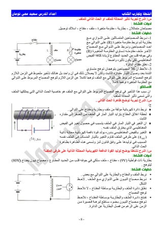 ‫ﺍﻟﻜﺘﺎﺏ‬ ‫ﻭﲡﺎﺭﺏ‬ ‫ﺍﻧﺸﻄﺔ‬‫ﺗﻮﻣﺎﻥ‬ ‫ﳏﻲ‬ ‫ﺳﻌﻴﺪ‬ ‫ﺍﳌﺪﺭﺱ‬ ‫ﺍﻋﺪﺍﺩ‬
-8-
‫س‬/‫ا‬ ‫ﺗﺎﺛﯿﺮ‬ ‫ﺗﺠﺮﺑﺔ‬ ‫اﺷﺮح‬‫ﻟﻠﻤﻠﻒ‬ ‫اﻟﺬاﺗﻲ‬ ‫اﻟﺤﺚ‬ ‫او‬ ‫ﻟﻠﻤﻠﻒ‬ ‫ﻟﻤﺤﺎﺛﺔ‬.
‫اﻟﻨﺸﺎط‬ ‫ادوات‬:
‫ﺗﻮﺻﯿﻞ‬ ‫اﺳﻼك‬ ، ‫ﻣﻔﺘﺎح‬ ، ‫ﻣﻠﻒ‬ ، ‫ﻣﺘﻐﯿﺮة‬ ‫ﻣﻘﺎوﻣﺔ‬ ، ‫ﺑﻄﺎرﯾﺔ‬ ، ‫ﻣﺘﻤﺎﺛﻼن‬ ‫ﻣﺼﺒﺎﺣﺎن‬.
‫اﻟﻨﺸﺎط‬ ‫ﺧﻄﻮات‬:
1-‫ﻊ‬ ‫ﻣ‬ ‫ﻮازي‬ ‫اﻟﺘ‬ ‫ﻰ‬ ‫ﻋﻠ‬ ‫ﺎﺛﻠﯿﻦ‬ ‫اﻟﻤﺘﻤ‬ ‫ﺼﺒﺎﺣﯿﻦ‬ ‫اﻟﻤ‬ ‫ﺮﺑﻂ‬ ‫ﻧ‬
‫ﺮة‬‫ﻣﺘﻐﯿ‬ ‫ﺔ‬‫ﻣﻘﺎوﻣ‬ ‫ﺮﺑﻂ‬‫ﻧ‬ ‫ﻢ‬‫ﺛ‬ ‫ﺔ‬‫ﺑﻄﺎرﯾ‬)R(‫ﻊ‬‫ﻣ‬ ‫ﻮاﻟﻲ‬‫اﻟﺘ‬ ‫ﻰ‬‫ﻋﻠ‬
‫اﻟ‬ ‫ﻰ‬ ‫ﻋﻠ‬ ‫ﺮﺑﻂ‬ ‫وﻧ‬ ‫ﺼﺒﺎﺣﯿﻦ‬ ‫اﻟﻤ‬ ‫ﺪ‬ ‫اﺣ‬‫ﺼﺒﺎح‬ ‫اﻟﻤ‬ ‫ﻊ‬ ‫ﻣ‬ ‫ﻮاﻟﻲ‬ ‫ﺘ‬
‫ﺮة‬ ‫اﻟﻤﺘﻐﯿ‬ ‫ﺔ‬ ‫اﻟﻤﻘﺎوﻣ‬ ‫ﺴﺎوي‬ ‫ﺗ‬ ‫ﮫ‬ ‫ﻣﻘﺎوﻣﺘ‬ ‫ﻒ‬ ‫ﻣﻠ‬ ‫ﺮ‬ ‫اﻵﺧ‬)R(
‫ﯿﺾ‬‫اﻟﻔ‬ ‫ﻛﺜﺎﻓﺔ‬ ‫ﻟﺰﯾﺎدة‬ ‫اﻟﻤﻄﺎوع‬ ‫اﻟﺤﺪﯾﺪ‬ ‫ﻣﻦ‬ ‫ﻗﻠﺐ‬ ‫ﺟﻮﻓﮫ‬ ‫وﻓﻲ‬
‫واﺿﺤﺎ‬ ‫ﺗﺄﺛﯿﺮه‬ ‫ﯾﻜﻮن‬ ‫ﻟﻜﻲ‬ ‫اﻟﻤﻐﻨﺎطﯿﺴﻲ‬.
2-‫اﻟﺪاﺋﺮة‬ ‫ﻣﻔﺘﺎح‬ ‫ﻧﻐﻠﻖ‬.
3-‫ﺴﺎوي‬‫ﻣﺘ‬ ‫ﻮھﺞ‬‫ﺗ‬ ‫ﺎن‬‫ﯾﺘﻮھﺠ‬ ‫اﻟﻤﺼﺒﺎﺣﯿﻦ‬ ‫ﻛﻼ‬ ‫أن‬ ‫ﻧﻼﺣﻆ‬
‫اﻟﺜﺎﺑ‬ ‫ﺪاره‬‫ﻣﻘ‬ ‫ﺎر‬‫اﻟﺘﯿ‬ ‫ﻮل‬‫وﺻ‬ ‫ﺪ‬‫ﺑﻌ‬ ‫اﻟﺸﺪة‬‫ﻼزم‬‫اﻟ‬ ‫ﺰﻣﻦ‬‫اﻟ‬ ‫ﻲ‬‫ﻓ‬ ‫ﻮظ‬‫ﻣﻠﺤ‬ ‫ﺄﺧﯿﺮ‬‫ﺗ‬ ‫ﻚ‬‫ھﻨﺎﻟ‬ ‫ﻞ‬‫ﺑ‬ ‫ﺪ‬‫واﺣ‬ ‫آن‬ ‫ﻲ‬‫ﻓ‬ ‫ﻚ‬‫ذﻟ‬ ‫ﺼﻼن‬‫ﯾ‬ ‫ﻻ‬ ‫ﻦ‬‫وﻟﻜ‬ ‫ﺖ‬
‫ﻮاﻟﻲ‬‫اﻟﺘ‬ ‫ﻰ‬‫ﻋﻠ‬ ‫ﻮط‬‫اﻟﻤﺮﺑ‬ ‫ﺼﺒﺎح‬‫اﻟﻤ‬ ‫ﻟﺘﻮھﺞ‬ ‫اﻟﻼزم‬ ‫اﻟﺰﻣﻦ‬ ‫ﻋﻦ‬ ‫ﻛﺎﻣﻼ‬ ‫ﺗﻮھﺠﺎ‬ ‫اﻟﻤﻠﻒ‬ ‫ﻣﻊ‬ ‫اﻟﺘﻮاﻟﻲ‬ ‫ﻋﻠﻰ‬ ‫اﻟﻤﺮﺑﻮط‬ ‫اﻟﻤﺼﺒﺎح‬ ‫ﻟﺘﻮھﺞ‬
‫ﻛﺎﻣﻼ‬ ‫ﺗﻮھﺠﺎ‬ ‫اﻟﻤﺘﻐﯿﺮة‬ ‫اﻟﻤﻘﺎوﻣﺔ‬ ‫ﻣﻊ‬.
‫اﻻﺳﺘﻨﺘﺎج‬:
‫اﻟﻤﺼﺒﺎح‬ ‫ﺗﻮھﺞ‬ ‫ﻓﻲ‬ ‫اﻟﺘﺄﺧﯿﺮ‬ ‫ھﺬا‬ ‫ﺳﺒﺐ‬ ‫ان‬‫ﻒ‬‫اﻟﻤﻠ‬ ‫ﺎ‬‫ﯾﻤﺘﻠﻜﮭ‬ ‫ﻲ‬‫اﻟﺘ‬ ‫ﺬاﺗﻲ‬‫اﻟ‬ ‫ﺚ‬‫اﻟﺤ‬ ‫ﯿﺔ‬‫ﺧﺎﺻ‬ ‫ھﻮ‬ ‫اﻟﻤﻠﻒ‬ ‫ﻣﻊ‬ ‫اﻟﺘﻮاﻟﻲ‬ ‫ﻋﻠﻰ‬ ‫اﻟﻤﺮﺑﻮط‬
‫ﻟﻠﻤﻠﻒ‬ ‫اﻟﻤﺤﺎﺛﺔ‬ ‫ﺗﺄﺛﯿﺮ‬ ‫ﺗﺴﻤﻰ‬ ‫واﻟﺘﻲ‬.
‫س‬/‫اﻟﺬاﺗﻲ‬ ‫اﻟﺤﺚ‬ ‫ظﺎھﺮة‬ ‫ﺗﻮﺿﺢ‬ ‫ﺗﺠﺮﺑﺔ‬ ‫اﺷﺮح‬.
‫ج‬/
♦‫اﻟﺘﻮاﻟﻲ‬ ‫ﻋﻠﻰ‬ ‫وﻣﻔﺘﺎح‬ ‫وﺑﻄﺎرﯾﺔ‬ ‫ﻣﻠﻒ‬ ‫ﻣﻦ‬ ‫ﻣﺆﻟﻔﺔ‬ ‫ﻛﮭﺮﺑﺎﺋﯿﺔ‬ ‫داﺋﺮة‬ ‫ﻧﺮﺑﻂ‬.
♦‫ﺪاره‬‫ﻣﻘ‬ ‫ﻰ‬‫اﻟ‬ ‫ﺼﻔﺮ‬‫اﻟ‬ ‫ﻦ‬‫ﻣ‬ ‫ﻒ‬‫اﻟﻤﻠ‬ ‫ﻓﻲ‬ ‫اﻟﻤﺎر‬ ‫اﻟﺘﯿﺎر‬ ‫ﯾﺘﺰاﯾﺪ‬ ‫اﻟﻤﻔﺘﺎح‬ ‫اﻏﻼق‬ ‫ﻟﺤﻈﺔ‬
‫اﻟﺜﺎﺑﺖ‬.
♦‫ﯿﺾ‬‫اﻟﻔ‬ ‫ﻲ‬‫ﻓ‬ ‫ﺮ‬‫ﺗﻐﯿ‬ ‫ﺼﻮل‬‫ﺣ‬ ‫ﻲ‬‫ﻓ‬ ‫ﺴﺒﺐ‬‫ﯾﺘ‬ ‫ﻒ‬‫اﻟﻤﻠ‬ ‫ﻲ‬‫ﻓ‬ ‫ﺎر‬‫اﻟﻤ‬ ‫اﻟﺘﯿﺎر‬ ‫ﻓﻲ‬ ‫اﻟﺘﻐﯿﺮ‬ ‫ان‬
‫ﻧﻔﺴﮫ‬ ‫اﻟﻤﻠﻒ‬ ‫ﯾﺨﺘﺮق‬ ‫اﻟﺬي‬ ‫اﻟﻤﻐﻨﺎطﯿﺴﻲ‬.
♦‫ﺔ‬‫ذاﺗﯿ‬ ‫ﺔ‬‫ﻣﺤﺘﺜ‬ ‫ﺔ‬‫ﻛﮭﺮﺑﺎﺋﯿ‬ ‫ﺔ‬‫داﻓﻌ‬ ‫ﻮة‬‫ﻗ‬ ‫ﺪ‬‫ﯾﻮﻟ‬ ‫ﺪوره‬‫ﺑ‬ ‫ﺴﻲ‬‫اﻟﻤﻐﻨﺎطﯿ‬ ‫ﺎﻟﻔﯿﺾ‬‫ﺑ‬ ‫ﺮ‬‫اﻟﺘﻐﯿ‬
)indε(‫ﺴﮫ‬‫ﻧﻔ‬ ‫ﻒ‬‫اﻟﻤﻠ‬ ‫ﻲ‬‫ﻓ‬ ‫ﺴﺎب‬‫اﻟﻤﻨ‬ ‫ﺎر‬‫ﺑﺎﻟﺘﯿ‬ ‫ﺮ‬‫اﻟﺘﻐﯿ‬ ‫ﺎوم‬‫ﺗﻘ‬ ‫ﻒ‬‫اﻟﻤﻠ‬ ‫ﻲ‬‫طﺮﻓ‬ ‫ﻋﻠﻰ‬
‫ﺎھﺮة‬ ‫ﺑﻈ‬ ‫ﺎھﺮة‬ ‫اﻟﻈ‬ ‫ﺬه‬ ‫ھ‬ ‫ﺴﻤﻰ‬ ‫وﺗ‬ ‫ﺰ‬‫ﻟﻨ‬ ‫ﺎﻧﻮن‬‫ﻗ‬ ‫ﻖ‬ ‫وﻓ‬ ‫ﻰ‬ ‫ﻋﻠ‬ ‫ﺪھﺎ‬ ‫ﺗﻮﻟﯿ‬ ‫ﻲ‬ ‫ﻓ‬ ‫ﺴﺒﺐ‬‫اﻟﻤ‬
‫اﻟﺬاﺗﻲ‬ ‫اﻟﺤﺚ‬.
‫س‬/‫اﻟﻤﻠﻒ؟‬ ‫طﺮﻓﻲ‬ ‫ﻋﻠﻰ‬ ‫اﻟﺬاﺗﯿﺔ‬ ‫اﻟﻤﺤﺘﺜﺔ‬ ‫اﻟﻜﮭﺮﺑﺎﺋﯿﺔ‬ ‫اﻟﺪاﻓﻌﺔ‬ ‫اﻟﻘﻮة‬ ‫ﺗﻮﻟﯿﺪ‬ ‫ﯾﻮﺿﺢ‬ ‫ﻧﺸﺎطﺎ‬ ‫اﺷﺮح‬
‫أدوات‬‫اﻟﻨﺸﺎط‬:
‫ﻓﻮ‬ ‫ذات‬ ‫ﺑﻄﺎرﯾﺔ‬‫ﻟﻄﯿﺔ‬)9V(‫ﺎج‬‫ﯾﺤﺘ‬ ‫ﻮن‬‫ﻧﯿ‬ ‫ﺼﺒﺎح‬‫ﻣ‬ ، ‫ﺎوع‬‫اﻟﻤﻄ‬ ‫ﺪ‬‫اﻟﺤﺪﯾ‬ ‫ﻦ‬‫ﻣ‬ ‫ﺐ‬‫ﻗﻠ‬ ‫ﮫ‬‫ﺟﻮﻓ‬ ‫ﻲ‬‫ﻓ‬ ‫ﻠﻜﻲ‬‫ﺳ‬ ‫ﻒ‬‫ﻣﻠ‬ ، ‫ﺎح‬‫ﻣﻔﺘ‬ ،)80V(
‫ﻟﯿﺘﻮھﺞ‬.
‫اﻟﻨﺸﺎط‬ ‫ﺧﻄﻮات‬:
•‫ﺑﻌﺾ‬ ‫ﻣﻊ‬ ‫اﻟﺘﻮاﻟﻲ‬ ‫ﻋﻠﻰ‬ ‫واﻟﺒﻄﺎرﯾﺔ‬ ‫واﻟﻤﻔﺘﺎح‬ ‫اﻟﻤﻠﻒ‬ ‫ﻧﺮﺑﻂ‬.
•‫ﻒ‬ ‫اﻟﻤﻠ‬ ‫ﻊ‬ ‫ﻣ‬ ‫ﻮازي‬ ‫اﻟﺘ‬ ‫ﻰ‬ ‫ﻋﻠ‬ ‫ﻮن‬ ‫اﻟﻨﯿ‬ ‫ﺼﺒﺎح‬ ‫ﻣ‬ ‫ﺮﺑﻂ‬ ‫ﻧ‬.‫ﻆ‬ ‫ﻻﺣ‬
‫اﻟﺸﻜﻞ‬
•، ‫ﺎح‬‫اﻟﻤﻔﺘ‬ ‫ﺎطﺔ‬‫ﺑﻮﺳ‬ ‫ﺔ‬‫واﻟﺒﻄﺎرﯾ‬ ‫ﻒ‬‫اﻟﻤﻠ‬ ‫ﺮة‬‫داﺋ‬ ‫ﻖ‬‫ﻧﻐﻠ‬‫ﻆ‬‫ﻧﻼﺣ‬ ‫ﻻ‬
‫اﻟﻤﺼﺒﺎح‬ ‫ﺗﻮھﺞ‬.
•‫ﻆ‬ ‫ﻧﻼﺣ‬ ، ‫ﺎح‬ ‫اﻟﻤﻔﺘ‬ ‫ﺎطﺔ‬ ‫ﺑﻮﺳ‬ ‫ﺔ‬ ‫واﻟﺒﻄﺎرﯾ‬ ‫ﻒ‬ ‫اﻟﻤﻠ‬ ‫ﺮة‬ ‫داﺋ‬ ‫ﺘﺢ‬ ‫ﻧﻔ‬
‫ﻦ‬ ‫ﻣ‬ ‫ﺼﯿﺮة‬ ‫ﻗ‬ ‫ﺔ‬ ‫ﻟﺒﺮھ‬ ‫ﺎطﻊ‬ ‫ﺳ‬ ‫ﻀﻮء‬ ‫ﺑ‬ ‫ﻮن‬ ‫اﻟﻨﯿ‬ ‫ﺼﺒﺎح‬ ‫ﻣ‬ ‫ﻮھﺞ‬ ‫ﺗ‬
‫اﻟﺪاﺋﺮة‬ ‫ﻋﻦ‬ ‫اﻟﺒﻄﺎرﯾﺔ‬ ‫ﻓﺼﻞ‬ ‫ﻣﻦ‬ ‫اﻟﺮﻏﻢ‬ ‫ﻋﻠﻰ‬ ‫اﻟﺰﻣﻦ‬.
 