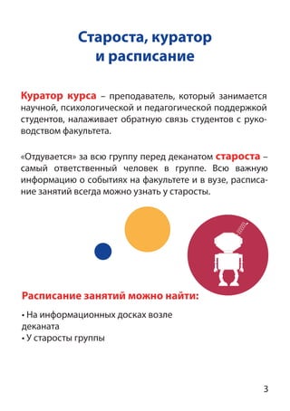 Староста, куратор
и расписание
«Отдувается» за всю группу перед деканатом староста –
самый ответственный человек в группе. Всю важную
информацию о событиях на факультете и в вузе, расписа-
ние занятий всегда можно узнать у старосты.
Куратор курса – преподаватель, который занимается
научной, психологической и педагогической поддержкой
студентов, налаживает обратную связь студентов с руко-
водством факультета.
Расписание занятий можно найти:
• На информационных досках возле
деканата
• У старосты группы
3
 