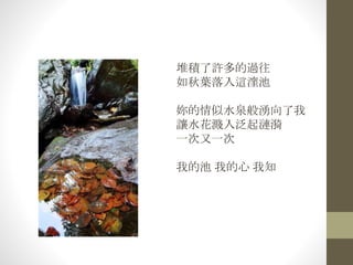 堆積了許多的過往
如秋葉落入這漥池
妳的情似水泉般湧向了我
讓水花濺入泛起漣漪
一次又一次
我的池 我的心 我知
 