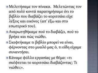 Μελετήσαμε τον πίνακα. Μελετώντας τον
από πολύ κοντά παρατηρήσαμε ότι το
βιβλίο που διαβάζει το κοριτσάκι είχε
λέξεις και εικόνες (απ’ έξω και στο
εσωτερικό του).
Αναρωτηθήκαμε πού το διαβάζει, πού το
βρήκε και πώς νιώθει.
Σκεφτήκαμε τι βιβλίο μπορεί να είναι,
φέρνοντας στο μυαλό μας ό, τι είδη είχαμε
συναντήσει.
Κάναμε φύλλο εργασίας με θέμα: «τι
σκέφτεται το κοριτσάκι διαβάζοντας; Τι
νιώθει;».
 