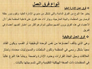 ‫فسق‬ ‫أًىاع‬‫الؼول‬
‫الؼلٍب‬ ‫اإلدازح‬ ‫ػول‬ ‫فسق‬
‫٠ؼزجش‬‫٘زا‬‫إٌٛع‬ِٓ‫اٌفشق‬‫اٌذائّخ‬ٟ‫ٚاٌز‬ً‫رشى‬ِٓٞ‫ِذ٠ش‬‫ا٦داسح‬،‫اٌؼٍ١ب‬َٛ‫ٚرم‬‫ثذٚس‬‫ؽٍمخ‬
ً‫اٌٛط‬ٓ١‫ث‬،‫إٌّظّخ‬‫ٚاٌج١ئخ‬،‫اٌخبسع١خ‬‫ٚ٠ئصش‬‫أداء‬ٖ‫٘ز‬‫اٌفشق‬ٍٝ‫ػ‬‫فبػٍ١خ‬‫إٌّظّخ‬‫ٔظشا‬ْ٤
‫ا٤ػؼبء‬ٟ‫ف‬ٖ‫٘ز‬‫اٌفشق‬ْٚ‫٠ش‬ُٙ‫أٔفغ‬ٓ١ٍ‫ِّض‬ُ٘‫ٌذٚائش‬‫أوضش‬ِٓ‫اػزجبس‬ُٙ‫أٔفغ‬‫أػؼبء‬ٟ‫ف‬
‫اٌفش٠ك‬.
‫الىظٍفٍخ‬ ‫الؼول‬ ‫فسق‬
ٝ٘ٚٞ‫اٌز‬‫٠زؤٌف‬٘‫أػؼبإ‬‫ب‬ِٓ‫ٔفظ‬‫اٌٛؽذح‬‫اٌٛظ١ف١خ‬ٚ‫أ‬،ُ‫اٌمغ‬ْٛ‫ٚ٠ى‬‫اٌمبئذ‬
‫ِؼ١ٕب‬ً‫ثشى‬ّٟ‫سع‬ٟ‫ف‬‫إٌّظّخ‬ْٛ‫ٚرى‬‫اٌغٍطبد‬‫ٚاٌّغئٌٚ١بد‬،‫ِؾذدح‬‫ٚرّزبص‬
‫اٌؼ٩لبد‬ً‫ٚعج‬‫ارخبر‬‫اٌمشاساد‬‫ٚؽذٚد‬‫ا٦داسح‬‫ٚاػؾخ‬.‫ٚ٠ٕشؤ‬‫٘زا‬‫إٌٛع‬‫غبٌجب‬
ٟ‫ف‬‫إٌّظّبد‬‫راد‬‫اٌظفخ‬‫اٌٙ١ىٍ١خ‬‫اٌزمٍ١ذ٠خ‬ٟ‫ٚاٌز‬ُ‫رزغ‬‫ث١ئزٙب‬‫ثبٌضجبد‬.
 