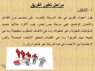 ‫الفسٌك‬ ‫تطىز‬ ‫هساحل‬
1-ً١‫اٌزشى‬:
َٛ‫٠م‬‫أػؼبء‬‫اٌفش٠ك‬ٟ‫ف‬ٖ‫٘ز‬‫اٌّشؽٍخ‬‫ثبٌزؼشف‬ٍٝ‫ػ‬ُٙ‫ثؼؼ‬ْٚ‫د‬ً‫اٌزفبػ‬
ْٚ‫ٚاٌزؼب‬،‫اٌٛاػؼ‬ٟٙ‫ف‬‫ِشؽٍخ‬‫عظ‬،‫ٔجغ‬َٛ‫٠م‬‫ا٤فشاد‬‫خ٩ٌٙب‬‫ثزؾذ٠ذ‬
‫اٌغٍٛو١بد‬‫اٌّمجٌٛخ‬‫ٚغ١ش‬،‫اٌّمجٌٛخ‬‫ِٚب‬ٟ٘‫ا٤٘ذاف‬‫اٌّطٍٛة‬‫رؾم١مٙب؟‬‫ِٚب‬ٟ٘
‫ؽج١ؼخ‬َ‫ِٙب‬‫اٌفش٠ك؟‬‫ِٚب‬ٟ٘‫اٌزمٕ١بد‬‫ٌزؾم١ك‬‫ا٤٘ذاف‬‫اٌّؾذدح؟‬ْٛ‫ٚرى‬
‫ا٨ػزّبد٠خ‬ٓ١‫ث‬‫ا٤ػؼبء‬ٟ‫ف‬ٖ‫٘ز‬‫اٌّشؽٍخ‬‫غ١ش‬‫ظب٘شح‬‫ٚثبسصح‬.
 