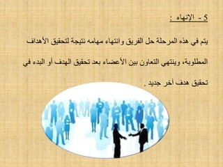 5-‫ا٦ٔٙبء‬:
‫ا٤٘ذاف‬ ‫ٌزؾم١ك‬ ‫ٔز١غخ‬ ِٗ‫ِٙب‬ ‫ٚأزٙبء‬ ‫اٌفش٠ك‬ ً‫ؽ‬ ‫اٌّشؽٍخ‬ ٖ‫٘ز‬ ٟ‫ف‬ ُ‫٠ز‬
ٟ‫ف‬ ‫اٌجذء‬ ٚ‫أ‬ ‫اٌٙذف‬ ‫رؾم١ك‬ ‫ثؼذ‬ ‫ا٤ػؼبء‬ ٓ١‫ث‬ ْٚ‫اٌزؼب‬ ٟٙ‫ٚ٠ٕز‬ ،‫اٌّطٍٛثخ‬
‫عذ٠ذ‬ ‫آخش‬ ‫٘ذف‬ ‫رؾم١ك‬.
 