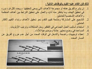 .1ْ‫ا‬‫٠ششػ‬‫ٌٍفش٠ك‬ٗ‫٘ذف‬ٚ‫أ‬‫ِغّٛػخ‬‫ا٤٘ذاف‬ٟ‫اٌز‬ٝ‫٠غؼ‬‫ٌزؾم١مٙب‬،‫ٚ٠ؾذد‬ً‫ٌى‬‫فشد‬ٖ‫دٚس‬
ٟ‫ف‬‫رؾم١ك‬‫اٌٙذف‬‫ِٚب‬‫٠ٕزظش‬ِٕٖٗ‫أداإ‬ًّ‫ٚاٌؼ‬ٍٝ‫ػ‬‫رؾم١ك‬‫اٌزشاثؾ‬ٓ١‫ث‬‫أ٘ذاف‬‫إٌّظّخ‬
‫ٚا٤٘ذاف‬‫اٌشخظ١خ‬ٓ١ٍِ‫ٌٍؼب‬.
.2‫اٌزشغ١غ‬ٍٝ‫ػ‬‫اٌّشبسوخ‬‫ِٚزبثؼخ‬ُ١١‫رم‬َ‫اٌزمذ‬ٛ‫ٔؾ‬‫رؾم١ك‬‫ا٤٘ذاف‬‫ٚاثذاء‬ُٙ‫اٌزف‬‫٤فىبس‬
ٓ١ٍِ‫اٌؼب‬.
.3َ‫اعزخذا‬‫أعبٌ١ت‬ًّ‫اٌؼ‬ٟ‫اٌغّبػ‬ٟ‫ف‬‫اٌزفى١ش‬ً‫ٚؽ‬‫اٌّشى٩د‬‫ٚرشر١ت‬‫ا٤ٌٚٛ٠بد‬.
.4‫اٌّغبػذح‬ٟ‫ف‬‫ٚػغ‬‫ِؼب٠١ش‬‫ػبدٌخ‬‫ِٚٛػٛػ١خ‬‫ٌ٥داء‬.
.5‫اػطبء‬‫رٛع١ٙبد‬‫ٚاػؾخ‬ً‫ٚاٌزذخ‬ٟ‫ف‬‫اٌٛلذ‬‫اٌّؾذد‬ًِٓ‫أع‬َ‫ػذ‬‫خشٚط‬‫اٌفش٠ك‬ٓ‫ػ‬
‫اٌّغبس‬‫اٌّؾذد‬.
‫لرلك‬‫فئى‬‫المبئد‬‫ػلٍه‬‫المٍبم‬‫ثبلىظبئف‬‫التبلٍخ‬:
 