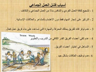 ً‫الجوبػ‬ ‫الؼول‬ ‫فشل‬ ‫أسجبة‬
1-‫رشغ١غ‬‫صمبفخ‬ًّ‫اٌؼ‬ٞ‫اٌفشد‬‫ٚاٌزٕبفظ‬٨‫ثذ‬ًِّٓ‫اٌؼ‬ٟ‫اٌغّبػ‬‫ٚاٌزىبرف‬.
2-‫اٌزشو١ض‬ٍٝ‫ػ‬‫أغبص‬َ‫اٌّٙب‬‫فمؾ‬ْٚ‫د‬َ‫ا٨٘زّب‬‫ثبٌّشبػش‬‫ٚاٌؼ٩لبد‬‫ا٦ٔغبٔ١خ‬.
3-َ‫ػذ‬‫رٛفش‬‫لبئذ‬‫ٌٍفش٠ك‬‫٠ّزٍه‬‫اٌّؼشفخ‬‫ٚاٌّٙبسح‬ٟ‫اٌز‬ٖ‫رغبػذ‬ٍٝ‫ػ‬‫ثٕبء‬‫فش٠ك‬ًّ‫ػ‬‫فؼبي‬.
4-‫اٌزذس٠ت‬ ِٓ ٟ‫اٌىبف‬ ‫اٌمذس‬ ‫اٌفش٠ك‬ ‫أػؼبء‬ ٟ‫رٍم‬ َ‫ػذ‬‫ٚاٌزطٛ٠ش‬
5-‫أػؼبء‬ ‫اخز١بس‬ ٟ‫ف‬ ً٘‫اٌزغب‬‫اٌفش٠ك‬.
6-َ‫ػذ‬‫ع١ذ‬ ً‫ثشى‬ ‫اٌطبلبد‬ ‫رٛظ١ف‬.
 