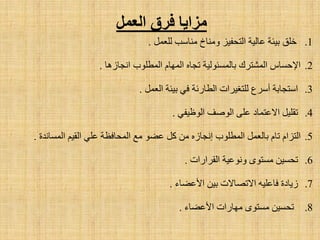 .1‫خٍك‬ًّ‫ٌٍؼ‬ ‫ِٕبعت‬ ‫ِٕٚبؿ‬ ‫اٌزؾف١ض‬ ‫ػبٌ١خ‬ ‫ث١ئخ‬.
.2‫أغبص٘ب‬ ‫اٌّطٍٛة‬ َ‫اٌّٙب‬ ٖ‫رغب‬ ‫ثبٌّغئٌٛ١خ‬ ‫اٌّشزشن‬ ‫ا٦ؽغبط‬.
.3‫ث١ئخ‬ ٟ‫ف‬ ‫اٌطبسئخ‬ ‫ٌٍزغ١شاد‬ ‫أعشع‬ ‫اعزغبثخ‬ًّ‫اٌؼ‬.
.4‫اٌٛطف‬ ٍٝ‫ػ‬ ‫ا٨ػزّبد‬ ً١ٍ‫رم‬ٟ‫اٌٛظ١ف‬.
.5‫اٌّطٍٛة‬ ًّ‫ثبٌؼ‬ َ‫رب‬ َ‫اٌزضا‬ٖ‫أغبص‬ُ١‫اٌم‬ ٍٟ‫ػ‬ ‫اٌّؾبفظخ‬ ‫ِغ‬ ٛ‫ػؼ‬ ً‫و‬ ِٓ‫اٌّغبٔذح‬.
.6‫ٚٔٛػ١خ‬ ٜٛ‫ِغز‬ ٓ١‫رؾغ‬‫اٌمشاساد‬.
.7ٓ١‫ث‬ ‫ا٨رظب٨د‬ ٗ١ٍ‫فبػ‬ ‫ص٠بدح‬‫ا٤ػؼبء‬.
.8‫ِٙبساد‬ ٜٛ‫ِغز‬ ٓ١‫رؾغ‬‫ا٤ػؼبء‬.
‫الؼول‬ ‫فسق‬ ‫هزاٌب‬
 