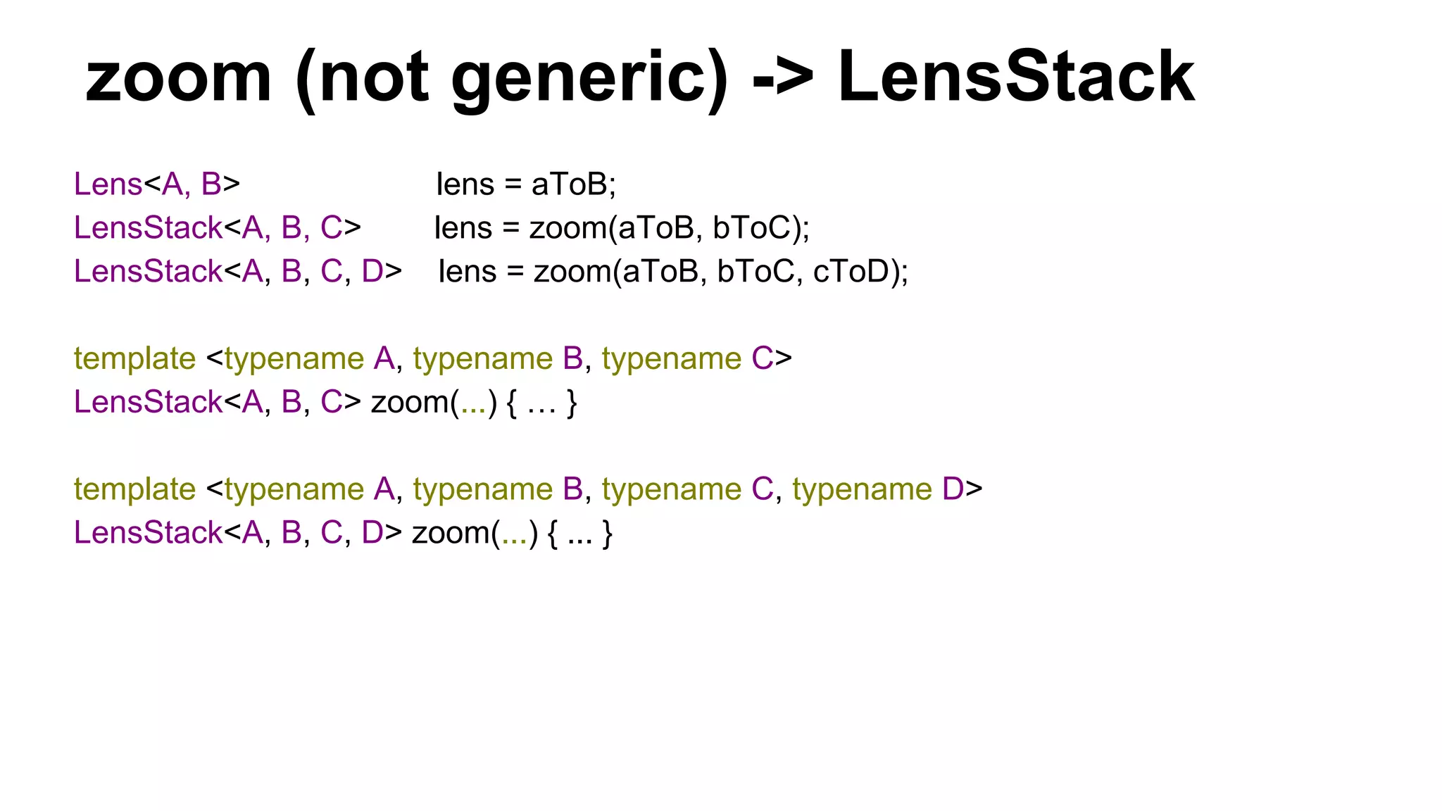 zoom (not generic) -> LensStack
Lens<A, B> lens = aToB;
LensStack<A, B, C> lens = zoom(aToB, bToC);
LensStack<A, B, C, D> lens = zoom(aToB, bToC, cToD);
template <typename A, typename B, typename C>
LensStack<A, B, C> zoom(...) { … }
template <typename A, typename B, typename C, typename D>
LensStack<A, B, C, D> zoom(...) { ... }
 