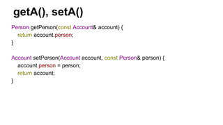Person getPerson(const Account& account) {
return account.person;
}
Account setPerson(Account account, const Person& person) {
account.person = person;
return account;
}
getA(), setA()
 
