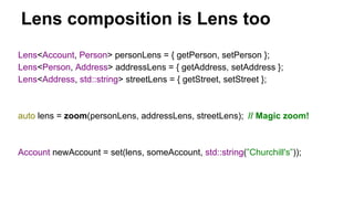 Lens composition is Lens too
Lens<Account, Person> personLens = { getPerson, setPerson };
Lens<Person, Address> addressLens = { getAddress, setAddress };
Lens<Address, std::string> streetLens = { getStreet, setStreet };
auto lens = zoom(personLens, addressLens, streetLens); // Magic zoom!
Account newAccount = set(lens, someAccount, std::string(”Churchill's”));
 