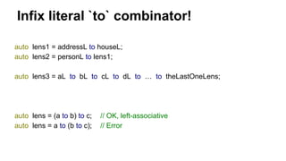 Infix literal `to` combinator!
auto lens1 = addressL to houseL;
auto lens2 = personL to lens1;
auto lens3 = aL to bL to cL to dL to … to theLastOneLens;
auto lens = (a to b) to c; // OK, left-associative
auto lens = a to (b to c); // Error
 