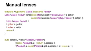 Manual lenses
template <typename Value, typename Focus>
Lens<Value, Focus> lens(const std::function<Focus(Value)>& getter,...