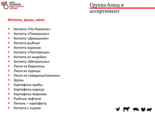 Группа блюд и
ассортимент
Котлеты, зразы, люля
 Котлета «По-Киевски»
 Котлета «Пожарская»
 Котлета «Домашняя»
 Котлета рыбная
 Котлета куриная
 Котлета «Полтавская»
 Котлета из индейки
 Котлета «Метрополь»
 Люля из баранины
 Люля из курицы
 Люля из говядины/свинины
 Зразы
 Картофель-грибы
 Картофель-курица
 Картофель-морковь
 Рыбные тефтели
 Печень – картофель
 Котлета с сыром
 