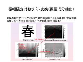 振幅限定対数ラドン変換（振幅成分抽出）
動径の対数マッピング（動径方向の拡大縮小→平行移動）；被写体の
回転→水平方向移動；微分フィルタを適用（特徴抽出）
 