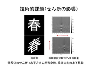 技術的課題（せん断の影響）
被写体のせん断→水平方向の粗密変形，垂直方向の上下移動
原画像 振幅限定対数ラドン変換結果
 