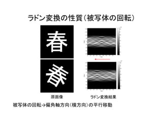 ラドン変換の性質（被写体の回転）
被写体の回転→偏角軸方向（横方向）の平行移動
原画像 ラドン変換結果
 