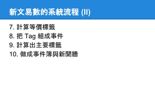 新文易數的系統流程 (II)
7. 計算等價標籤
8. 把 Tag 組成事件
9. 計算出主要標籤
10. 做成事件簿與新聞牆
 