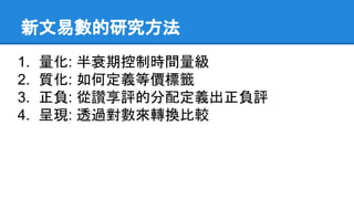 新文易數的研究方法
1. 量化: 半衰期控制時間量級
2. 質化: 如何定義等價標籤
3. 正負: 從讚享評的分配定義出正負評
4. 呈現: 透過對數來轉換比較
 