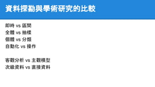 資料探勘與學術研究的比較
即時 vs 區間
全體 vs 抽樣
個體 vs 分類
自動化 vs 操作
客觀分析 vs 主觀模型
次級資料 vs 直接資料
 
