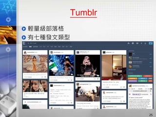 Tumblr
輕量級部落格
有七種發文類型
25
 